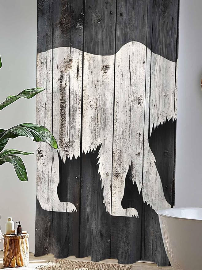 Sheer Curtains 96 Inches Long, White Brown Bear Semi Sheer Curtains Light Filtering Window Treatment, Farmhouse Country Rustic Wooden Grain Privacy Voile Drapes for Living Room Bedroom 52x96 Inch