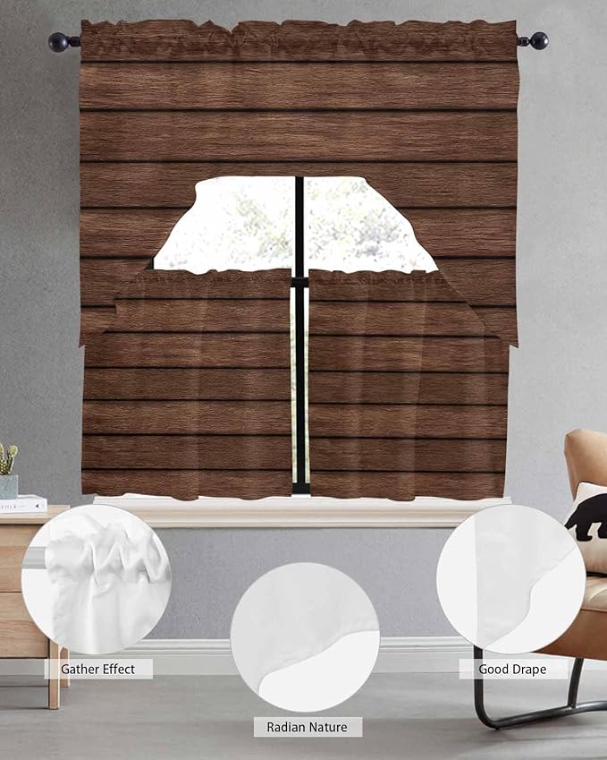 Brown Wooden Board Swag Kitchen Curtains Valance and Tier Set, Vintage Wood Grain Farmhouse Barn Themes Light-Filtering Swag Valance 24 Inch Length, Rod Pocket Short Curtain for Bedroom Cafe
