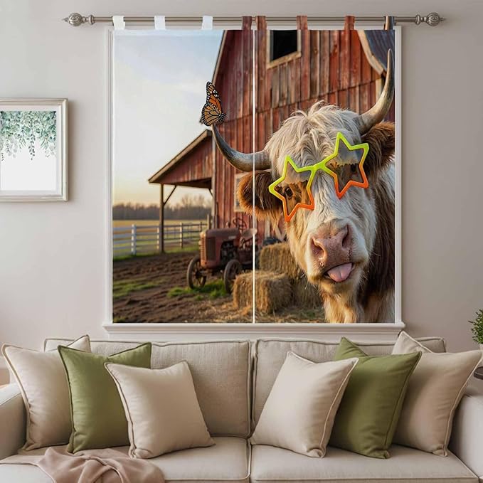 Farm Yaks Bedroom Curtains 72 Inch Length, Window Curtains Tab Top, Farmhouse Barn Funny Animals Butterfly Light Filtering Window Treatments Drapes 52"x72" 2 Panel