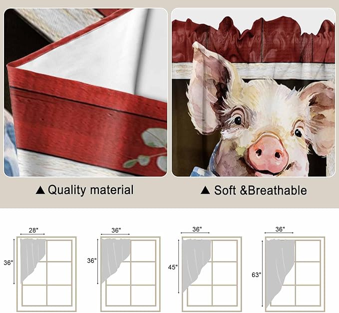 Pig Sunflowers Swag Valances for Windows, Eucalyptus Leaves Floral Bees Red Barn Rod Pocket Kitchen Curtains Valance, Kitchen Window Curtains Swag for Cafe Bathroom Living Room, 2 Panels, 36x45 inch