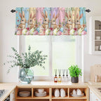 Easter Kitchen Curtains Set 3 Piece for Windows, Rod Pocket Valance and Tier Set 24 Inch Length, Spring Bunny Eggs Botanical Floral Wooden Grain Light Filtering Cafe Curtains for Living Room Bathroom