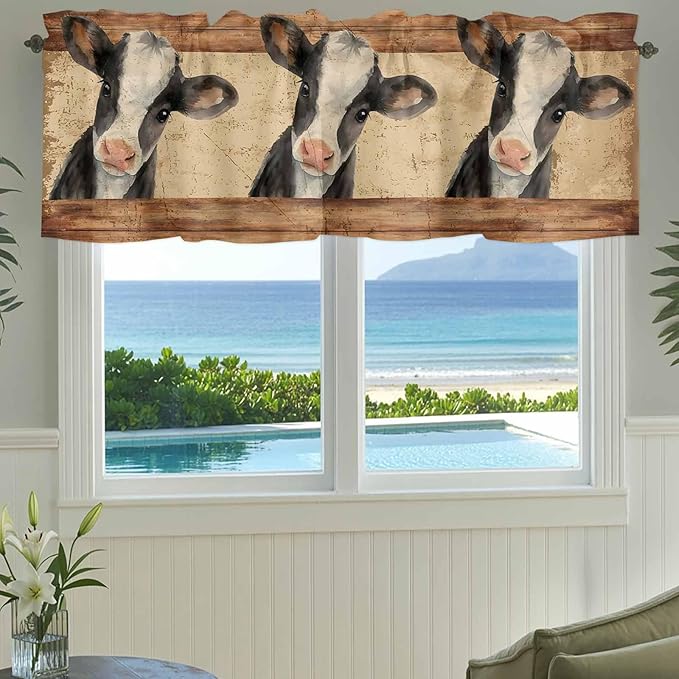 Farmhouse Cow Curtain Valances for Windows, Kitchen Valance Window Treatment, Country Vintage Animals Wooden Grain Light Filtering Block Curtains for Bathroom/Bedroom/Living Room 42'' x 18''