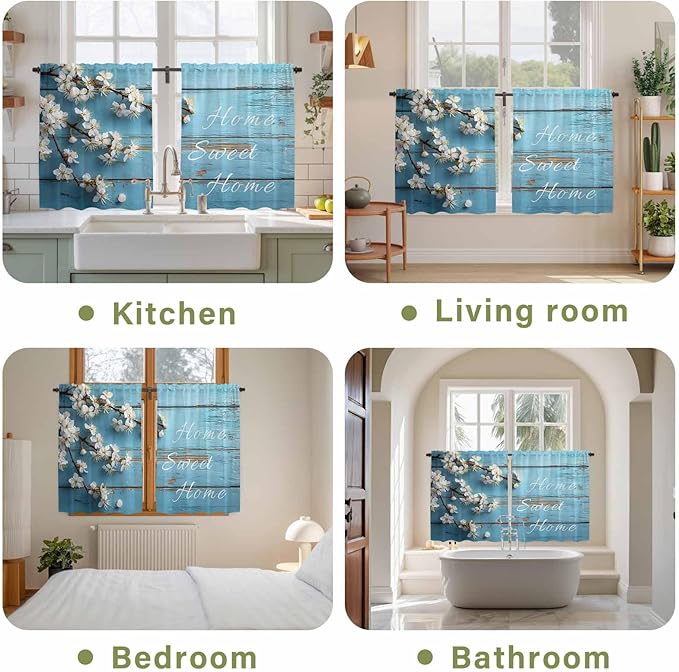 Farmhouse Wooden Grain Kitchen Curtains, Vintage Shabby Chic Flower Blue Light Filtering Window Curtain Panels, 2Pcs Rod Pocket Window Treatments Set for RV Dining Room Study Room 42x54 Inches