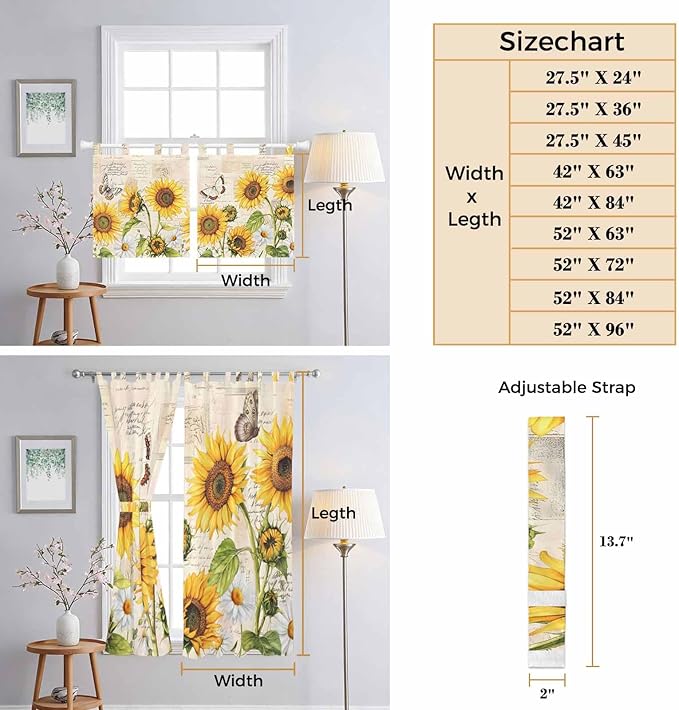 Yellow Sunflowers Kitchen Curtains 36 Inch Length, Small Window Curtains Tab Top, Country Farm Butterfly Flower Light Beige Light Filtering Short Window Treatments Tier Drapes 27.5"x36" 2 Panel