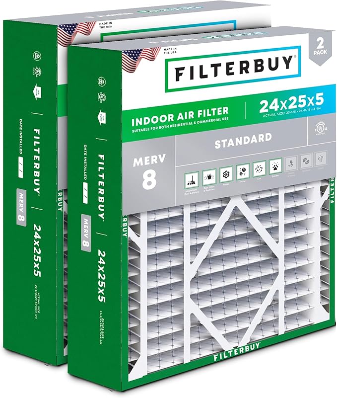 Filterbuy 24x25x5 Air Filter MERV 8 Essential Dust & Allergy Defense (2-Pack), Electrostatic Pleated HVAC AC Furnace Filters for Carrier FILXXCAR0024, Maytag & More (Actual Size: 23.63 x 24.69 x 4.25)