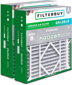 Filterbuy 24x25x5 Air Filter MERV 8 Essential Dust & Allergy Defense (2-Pack), Electrostatic Pleated HVAC AC Furnace Filters for Carrier FILXXCAR0024, Maytag & More (Actual Size: 23.63 x 24.69 x 4.25)