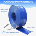 Poolvio Backwash Hose 1-1/2" x 50 ft, Blue Lay-Flat PVC Discharge Hose with 2 Stainless Steel Thumb Screw Clamps, Leak-Free for Swimming Pool Filter Cleaning, Flooded Area, Pond Draining
