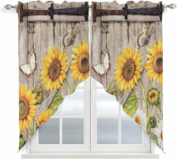 Farmhouse Sunflowers Swag Valances for Windows, Rustic Barn Doors Flowers Butterfly Wooden Rod Pocket Kitchen Curtains Valance, Small Window Curtains Swag for Cafe Living Room, 2 Panels, 36x36 inch