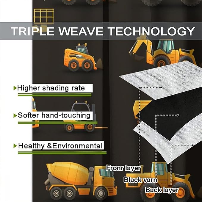 Kids Construction Window Curtains, Construction Machinery Equipment Mode of Transport Bulldozer Tractor Windows Curtain for Children Teens Room Decor 84x84in (30% Blackout)