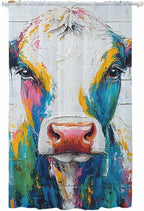 Sheer Curtains 108 Inches Long, Farmhouse Oil Painting Semi Sheer Curtains Light Filtering Window Treatment, Colorful Cow Animal Wooden Grain Privacy Voile Drapes for Living Room Bedroom 52x108 Inch
