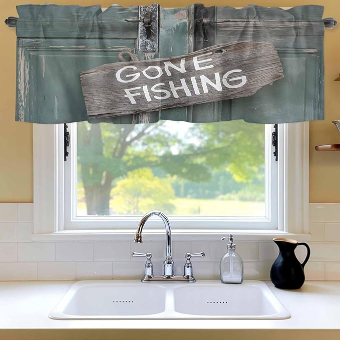 Gone Fishing Valances for Windows, Bronze Wood Grain Kitchen Valance Light Filtering Rod Pocket Short Curtains for Kitchen Bathroom, 1 Panel, 42"x12"