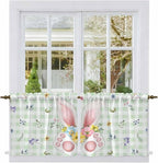 Easter Kitchen Tier Curtains 36 Inch Long 2 Panel Set,Rod Pocket Half Window Curtains Over Sink,Spring Bunny Ears Feet Flowers Green Plaid Light Filtering Short Drapes for Bathroom Cafe 27.5"W x 36"L