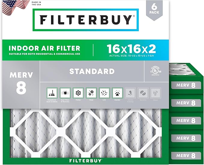 Filterbuy 16x16x2 Air Filter MERV 8 Essential Dust & Allergy Defense (6-Pack), Electrostatic Pleated HVAC AC Furnace Filters Replacement, Made in USA (Actual Size: 15.50 x 15.50 x 1.75)