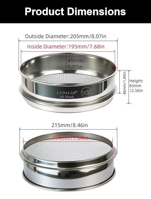 All 304 Stainless Steel 10 Mesh Test Sieve (2.0mm Aperture), 8 Inch/20cm Diameter, Lab Sifter & Grain Separator, Standard Wire Mesh Strainer for Beans, Coffee, Soil & Aggregate Analysis