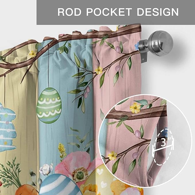 Easter Curtain Valances for Windows, Kitchen Valance Window Treatment, Spring Colorful Bunny Eggs Flower Wood Grain Light Filtering Block Curtains for Bathroom/Bedroom/Living Room 54'' x 18''