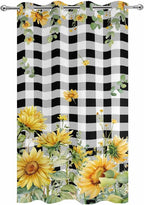 Sunflowers Outdoor Curtains for Patio Summer Floral Eucalyptus Leaf Buffalo Check Waterproof Outside Curtains with Grommet Top Weatherproof Curtain for Cabana Pergola Gazebo, 1 Panel, 54" W x 95" L