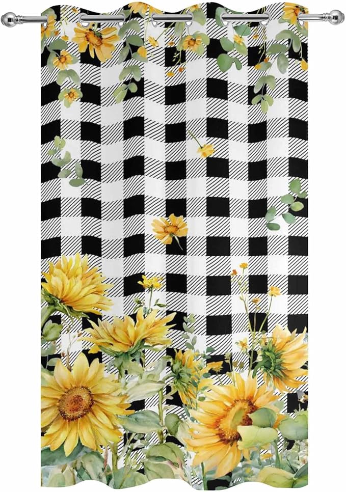 Sunflowers Outdoor Curtains for Patio Summer Floral Eucalyptus Leaf Buffalo Check Waterproof Outside Curtains with Grommet Top Weatherproof Curtain for Cabana Pergola Gazebo, 1 Panel, 54" W x 108" L