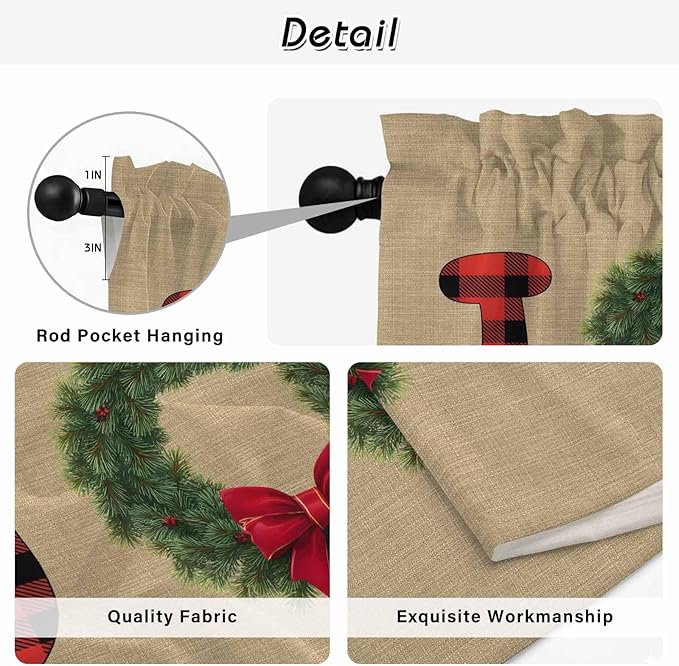Red Green Christmas Window Curtains 63 Inch Long 2 Panel Set, Rod Pocket Bedroom Curtains & Drapes, Xmas Botanical Winter Farmhouse Light Filtering Window Treatment for Living Room 42"W x 63"L