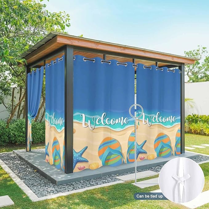 Summer Outdoor Curtains for Patio Beach Slippers Plumeria Waterproof Outside Curtains with Grommet Top Weatherproof Curtain for Cabana Pergola Gazebo, 2 Pack, 54" W x 84" L