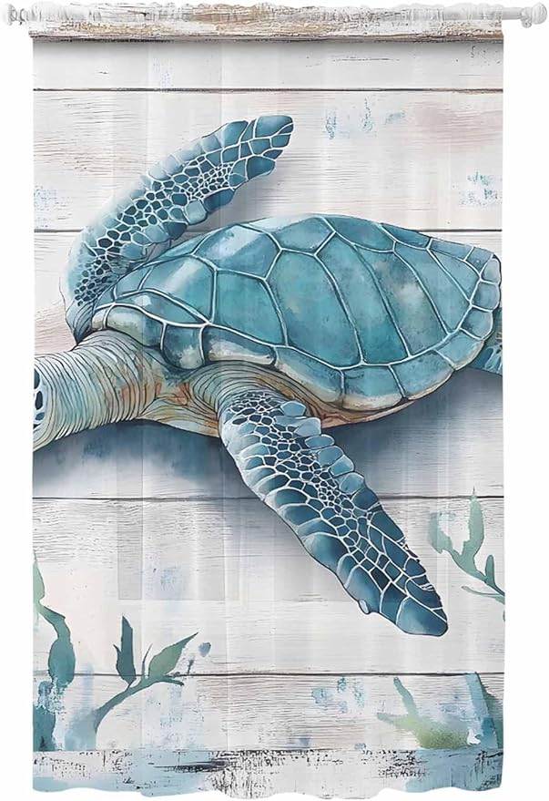 Sheer Curtains 108 Inches Long, Teal Green Sea Turtle Semi Sheer Curtains Light Filtering Window Treatment, Summer Ocean Seaweed Wood Grain Privacy Voile Drapes for Living Room Bedroom 52x108 Inch