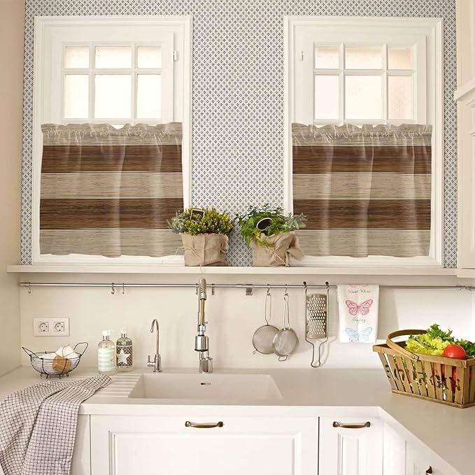 Retro Country Brown Wooden Board Window Valance Curtains, Farmhouse Gradient Plank Light Filtering Kitchen Valance with 3-inch Rod Pocket for Living Room Bathroom Bedroom,2 Panel,27.5x24In