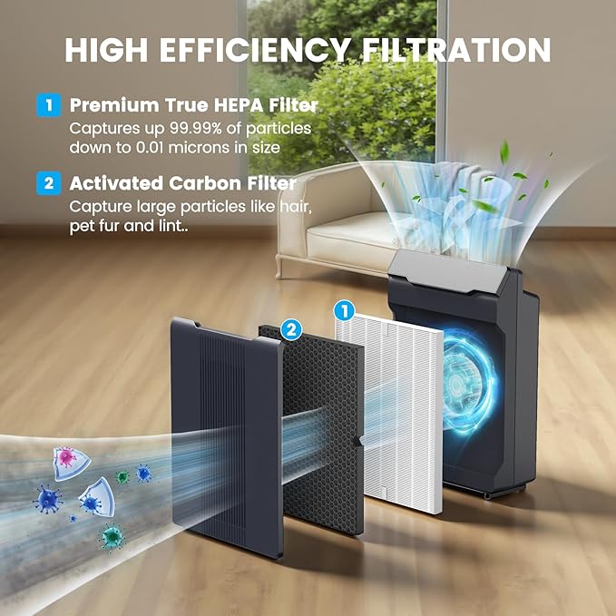 Smilyan 1 Set HEPA 116130 Filter H Replacement for Winix 5500-2 Plasmawave Air Purifier and Models AM80, 1 Set Ture HEPA Filter and Carbon Filter Combo Pack