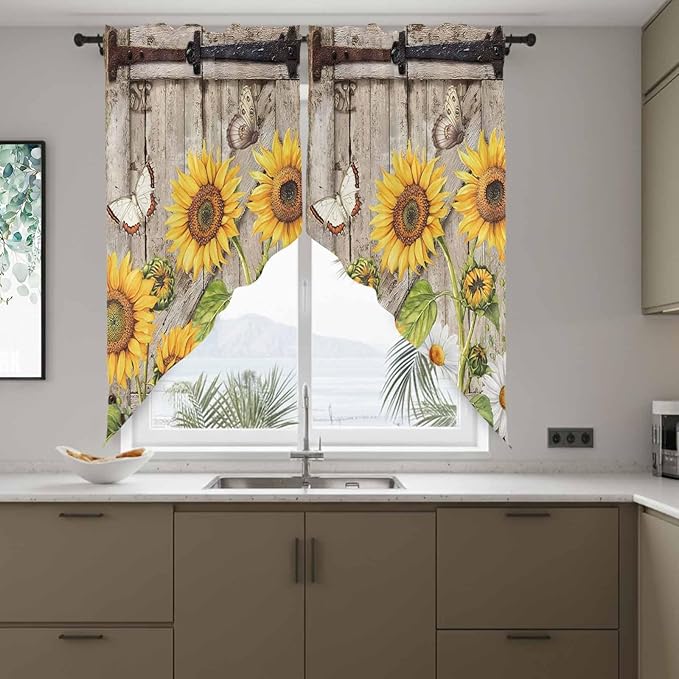 Farmhouse Sunflowers Swag Valances for Windows, Rustic Barn Doors Flowers Butterfly Wooden Rod Pocket Kitchen Curtains Valance, Kitchen Window Curtains Swag for Cafe Living Room, 2 Panels, 36x63 inch