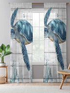 Sheer Curtains 84 Inches Long, Teal Green Ocean Turtle Semi Sheer Curtains Light Filtering Window Treatment, Coastal Seaweed Wood Grain Privacy Voile Drapes for Living Room Bedroom 52x84 Inch