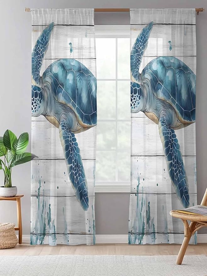 Sheer Curtains 108 Inches Long, Teal Green Ocean Turtle Semi Sheer Curtains Light Filtering Window Treatment, Coastal Seaweed Wood Grain Privacy Voile Drapes for Living Room Bedroom 52x108 Inch