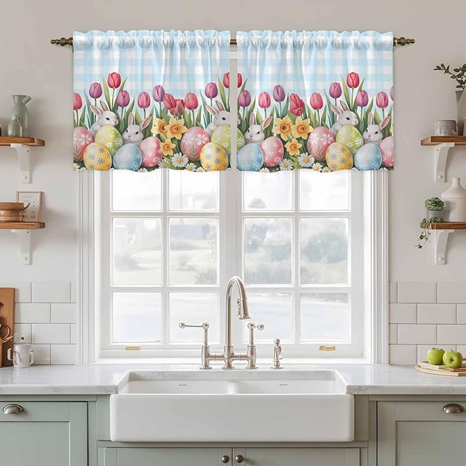 Easter Kitchen Tier Curtains 36 Inch Long 2 Panel Set,Rod Pocket Half Window Curtains Over Sink,Spring Bunny Colorful Eggs Tulip Flowers Blue Check Light Filtering Short Drapes Cafe 27.5"W x 36"L