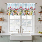 Easter Kitchen Tier Curtains 36 Inch Long 2 Panel Set,Rod Pocket Half Window Curtains Over Sink,Spring Bunny Colorful Eggs Tulip Flowers Blue Check Light Filtering Short Drapes Cafe 27.5"W x 36"L