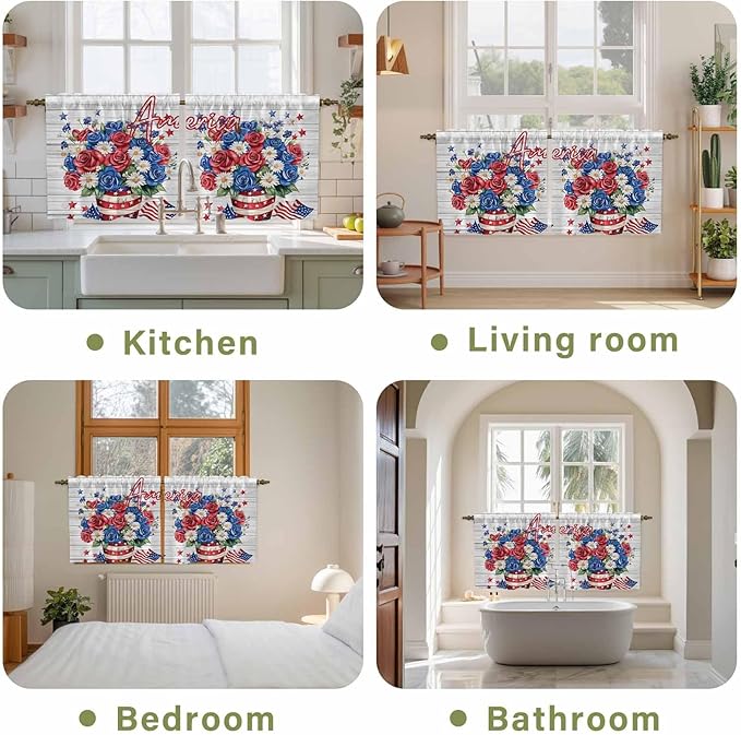 Independence Day Kitchen Tier Curtains 24 Inch Long 2 Panel Set,Rod Pocket Cafe Small Window Curtains Over Sink,4 of July Rose Wooden Grain Vintage Light Filtering Short Drapes 27.5"W x 24"L
