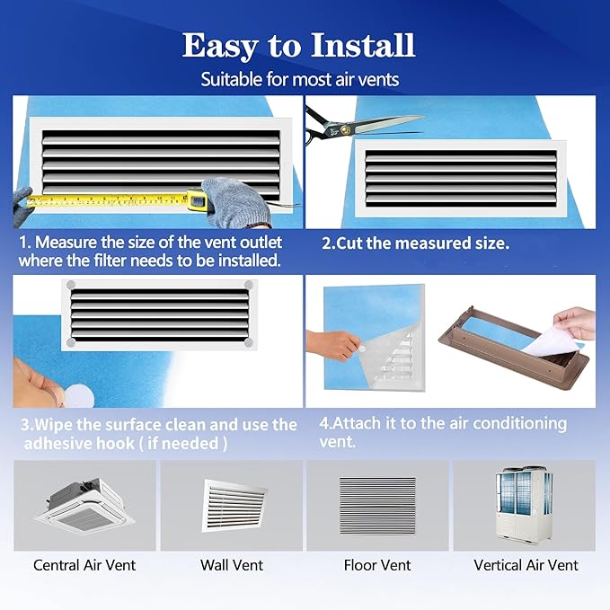Air Vent Filter, 12"X100" Cut to Size Air Filter Material, MERV 8 Electrostatic Air Filter Roll, Blue & White Vent Filters for Home Floor, Rv Ac Vent, Ceiling, Refrigeration, HVAC Furnace Vent, Etc