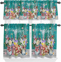 Spring Flowers Kitchen Curtain Set, Farmhouse Watercolor Teal Wood Grain Window Valance and Tiers 24" Length, Light Filtering Short Curtains Valance for Cafe Bathroom Bedroom 54"x18"