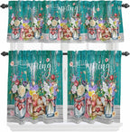 Spring Flowers Kitchen Curtain Set, Farmhouse Watercolor Teal Wood Grain Window Valance and Tiers 24" Length, Light Filtering Short Curtains Valance for Cafe Bathroom Bedroom 54"x18"