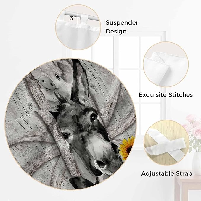 Funny Farm Animals Bedroom Curtains 72 Inch Length, Window Curtains Tab Top, Vintage Barn Grey Sunflowers Light Filtering Window Treatments Drapes 52"x72" 2 Panel
