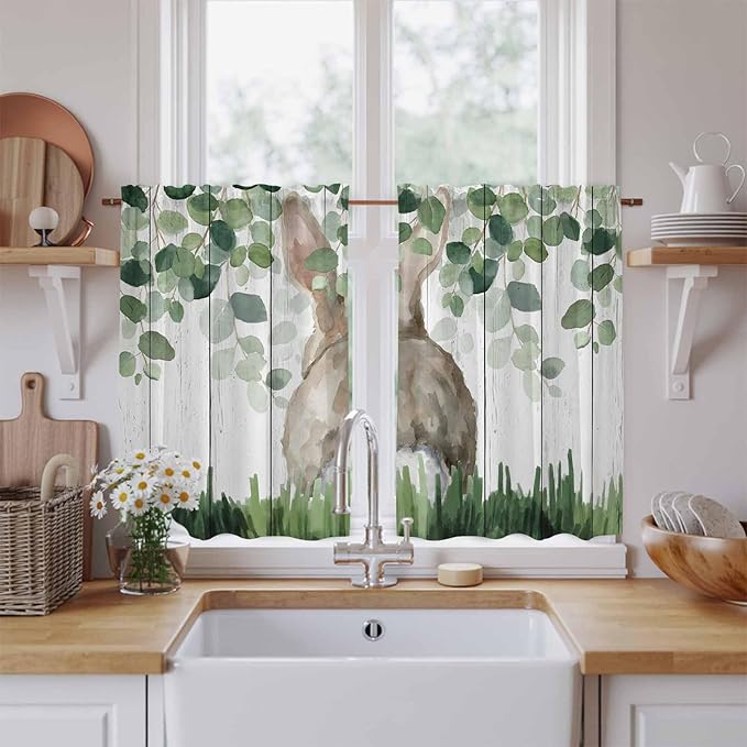Easter Kitchen Curtains, Country Rabbit Botanical Leaves Wooden Grain Light Filtering Window Curtain Panels, 2Pcs Rod Pocket Window Treatments Set for Study Room Bathroom Bedroom 52x54 Inches