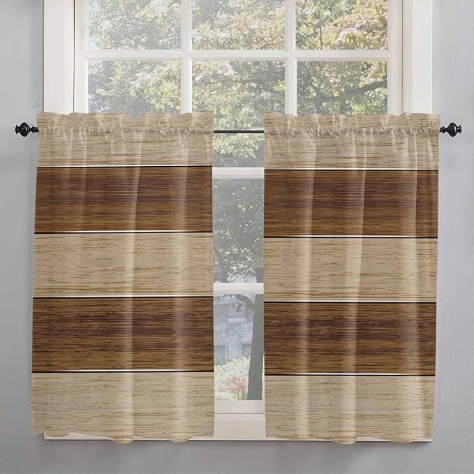 Retro Country Brown Wooden Board Window Valance Curtains, Farmhouse Gradient Plank Light Filtering Kitchen Valance with 3-inch Rod Pocket for Living Room Bathroom Bedroom,2 Panel,42x54In
