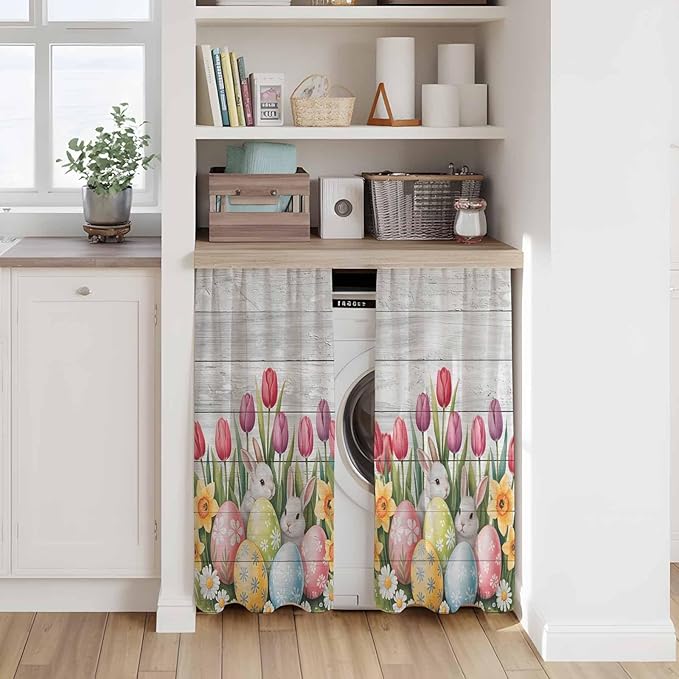 Easter Kitchen Curtains 54 Inch Long 2 Panel Set, Rod Pocket Window Curtains Panels, Retro Spring Bunny Eggs Tulip Farm Wooden Grain Light Filtering Privacy Draperies for Bedroom Laundry 42"W x 54"L