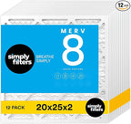 Simply 20x25x2 Air Filter, MERV 8, 12 Pack, Furnace Air Filter for HVAC (Actual Size: 19.5"x24.5"x1.75") DUST, Pet & Allergy Control