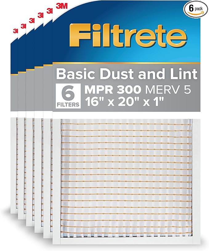 Filtrete 16x20x1 AC Furnace Air Filter, MERV 5, MPR 300, Capture Unwanted Particles, 3-Month Pleated 1-Inch Electrostatic Air Cleaning Filter, 6-Pack (Actual Size15.69x19.69x0.81 in)