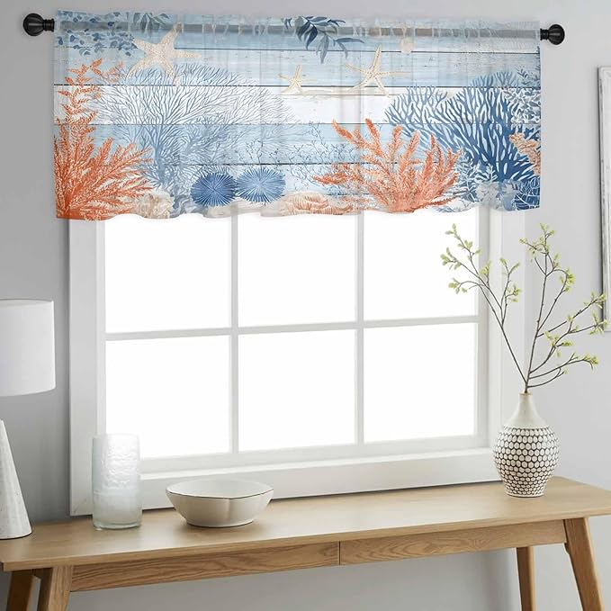 Ocean Corals Sheer Valance Curtains, Summer Beach Coral Sea Stars Blue Wood Grain Light Filtering Kitchen Valances Rod Pocket Voile Curtain Window Treatment for Bedroom/Living Room/Basement 60Wx18L