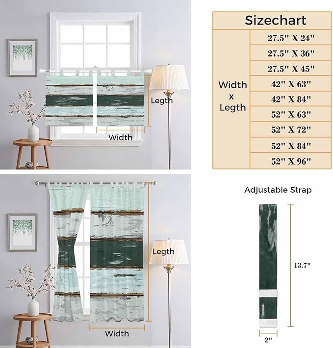 Blue Teal Kitchen Curtains 36 Inch Length, Small Window Curtains Tab Top, Vintage Wooden Retro Art Farmhouse Barns Light Filtering Short Window Treatments Tier Drapes 27.5"x36" 2 Panel