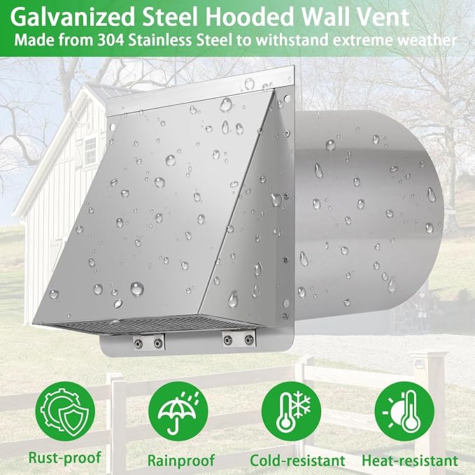 8 Inch Wall Vent,Hooded Wall Vent with Screen and Damper,Outdoor Wall Exhaust Vent Cover Exterior Wall Mount Cap for Kitchen Range Hood HVAC Duct Dryer Air Ventilation,Stainless Steel