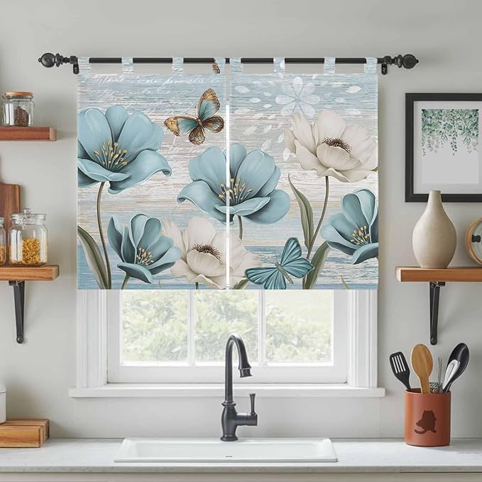 Spring Floral Bedroom Curtains 63 Inch Length, Window Curtains Tab Top, Vintage Tulips Flower Butterfly Retro Wood Blue Light Filtering Window Treatments Drapes 42"x63" 2 Panel