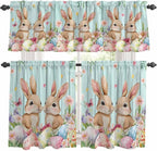 Easter Kitchen Curtains Set 3 Piece for Windows, Rod Pocket Valance and Tier Set 24 Inch Length, Spring Rabbit Colorful Eggs Flowers Wooden Grain Light Filtering Cafe Curtains for Living Room Bathroom
