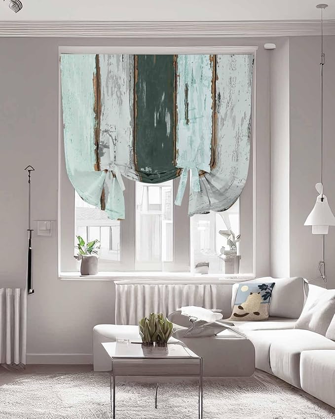 Tie Up Curtains for Windows, Blue Teal Adjustable Balloon Nature Linen Textured Kitchen Curtain, Vintage Wooden Retro Art Farmhouse Barns Blackout Curtains for Living Room, 46 x 63 Inches
