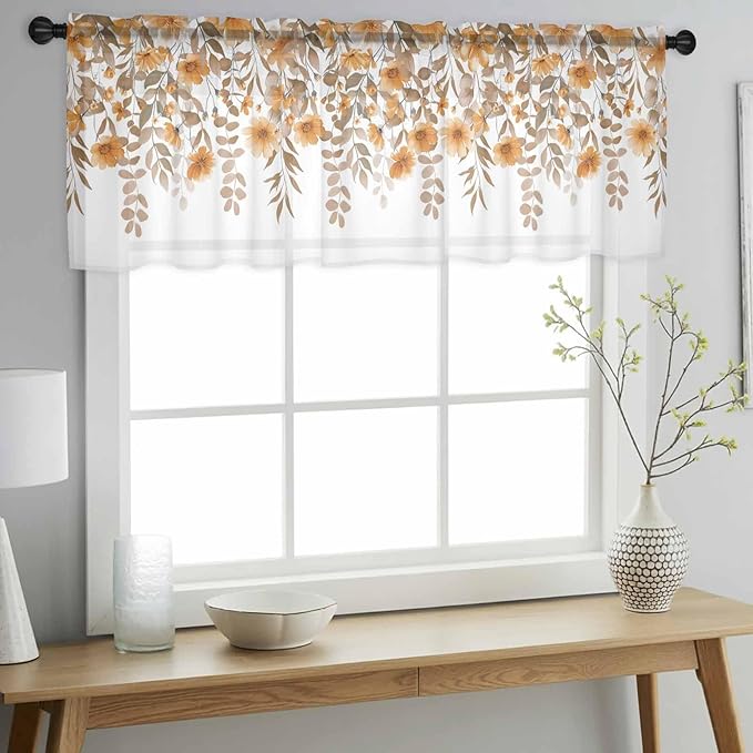 Spring Summer Flowers Sheer Valance Curtains, Vintage Watercolor Orange Floral Leaf Plant Light Filtering Kitchen Valances Rod Pocket Voile Curtain Treatment for Bedroom/Living Room/Basement 42Wx18L