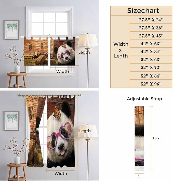 Farm Panda Kitchen Curtains 24 Inch Length, Small Window Curtains Tab Top, Farmhouse Barn Funny Animals Butterfly Light Filtering Short Window Treatments Tier Drapes 27.5"x24" 2 Panel