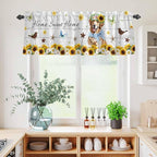 Kitchen Curtains Tiers and Valance Set of 3, Sunflowers Dog Light Filtering Window Curtain Set, Spring Watercolor Floral Stars Wood Grain Rod Pocket Curtain Drapes for Living Room, 24 Inches Tiers